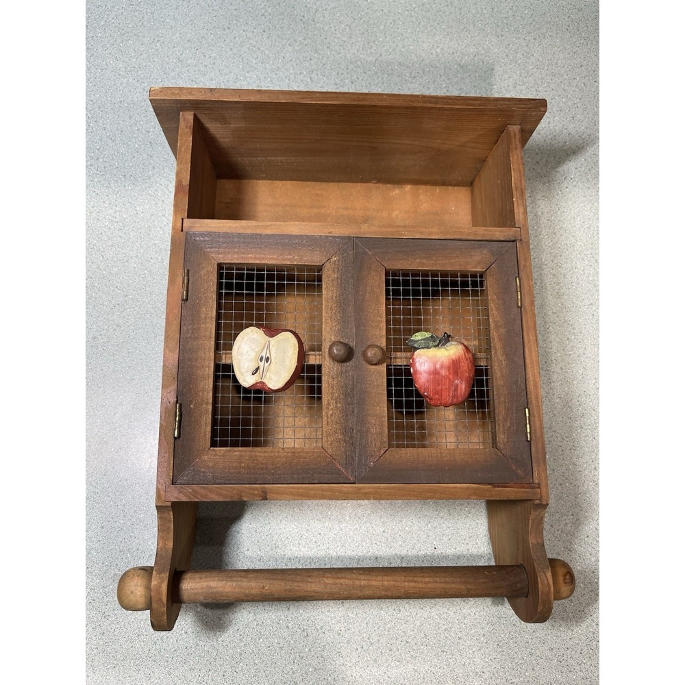 Vtg Wood Cabinet Spice Rack Apple Country Kitchen Wall Mounted Towel Holder
